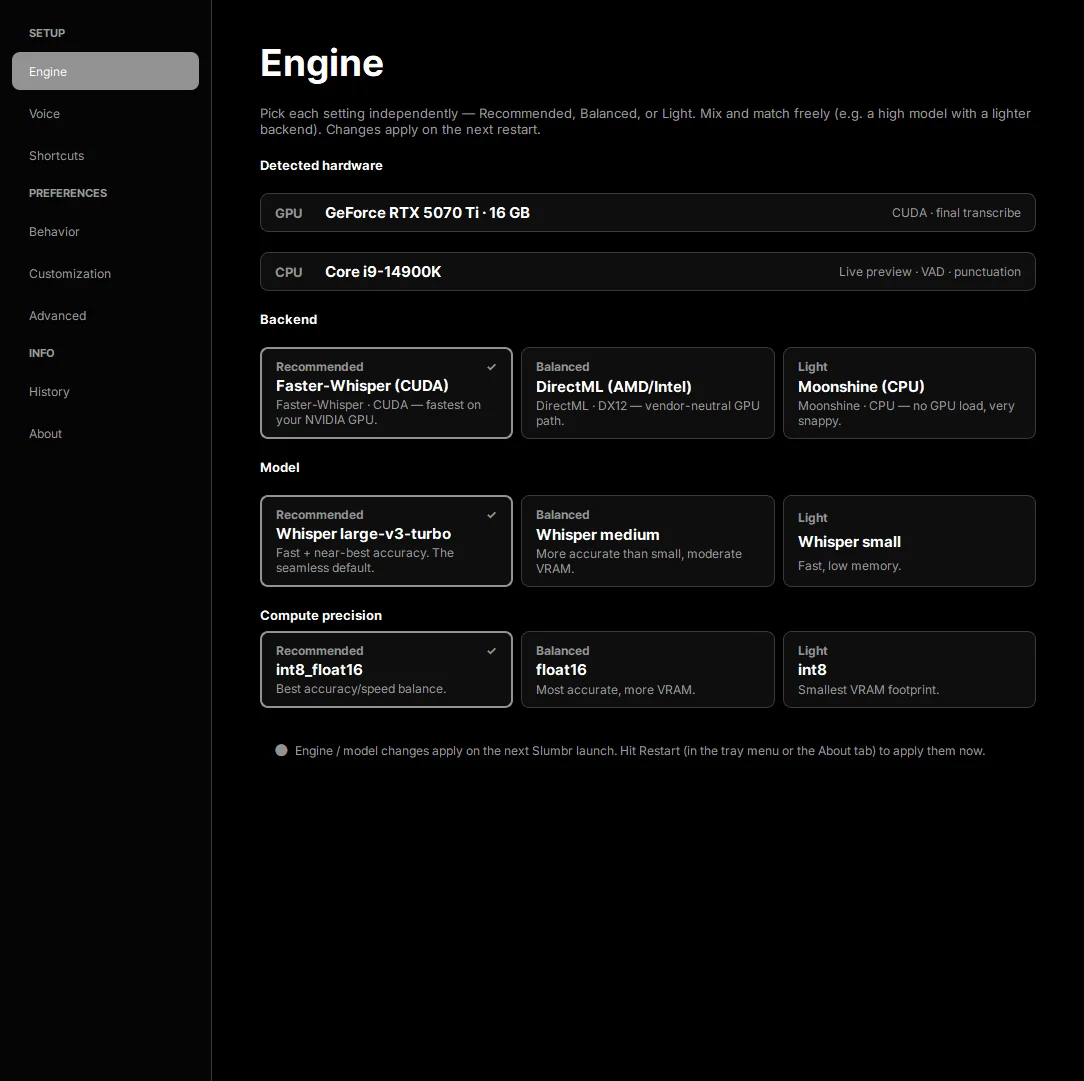 Engine settings — hardware auto-detect with Whisper backend and model